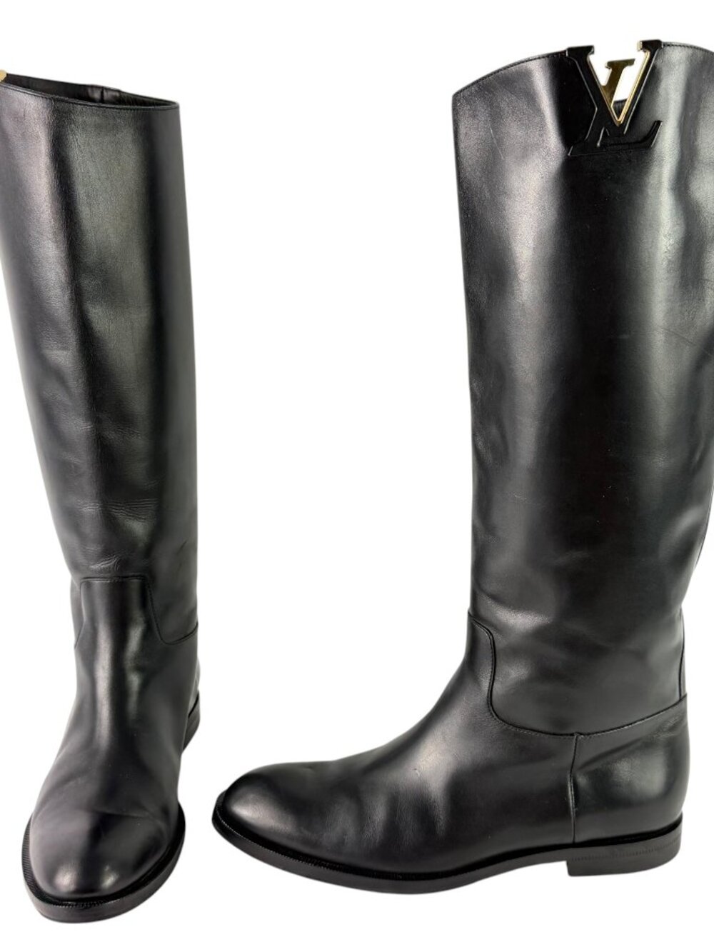 LOUIS VUITTON Black Calfskin LV Heritage Riding Boots Made in Italy 37.5 -7.5 US
